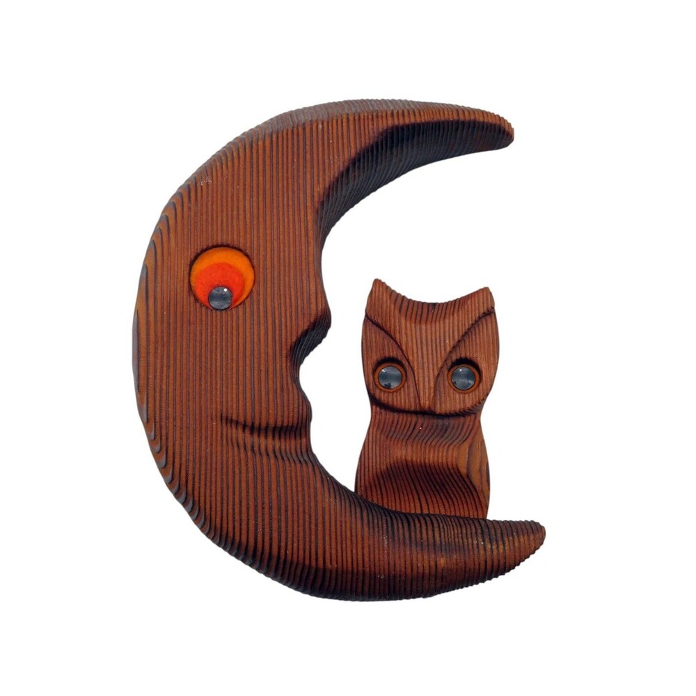 Vintage MCM Cryptomeria Wood Man in the Moon & Owl Wall Art 70s Boho Folk Art